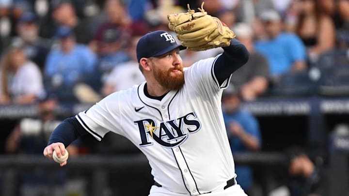 Jun 17, 2025; St. Petersburg, Florida, USA; Tampa Bay Rays starting pitcher Zack Littell (52) throws a pitch in the first inning against the Baltimore Orioles at George M. Steinbrenner Field. Mandatory Credit: Jonathan Dyer-Imagn Images