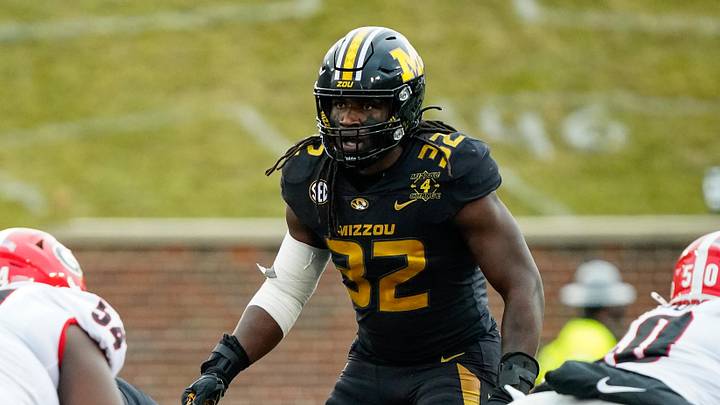 Dec 12, 2020; Columbia, Missouri, USA; Missouri Tigers linebacker Nick Bolton (32) gets ready to defend against the Georgia Bulldogs during the first half at Faurot Field at Memorial Stadium. Mandatory Credit: Jay Biggerstaff-Imagn Images Dec 12, 2020; Columbia, Missouri, USA; Missouri Tigers linebacker Nick Bolton (32) gets ready to defend against the Georgia Bulldogs during the first half at Faurot Field at Memorial Stadium. Mandatory Credit: Jay Biggerstaff-Imagn Images