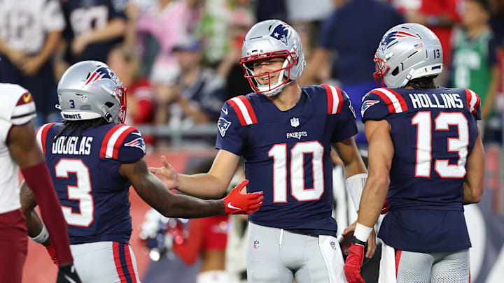 Aug 8, 2025; Foxborough, Massachusetts, USA; New England Patriots quarterback Drake Maye (10) celebrates after scoring a touchdown during the first half against the Washington Commanders at Gillette Stadium. Mandatory Credit: Paul Rutherford-Imagn Images Aug 8, 2025; Foxborough, Massachusetts, USA; New England Patriots quarterback Drake Maye (10) celebrates after scoring a touchdown during the first half against the Washington Commanders at Gillette Stadium. Mandatory Credit: Paul Rutherford-Imagn Images