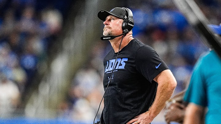 Detroit Lions head coach Dan Campbell reacts to a play against Houston Texans during the first half at Ford Field in Detroit on Saturday, August 23, 2025.