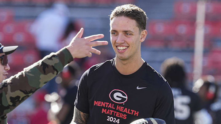 Nov 23, 2024; Athens, Georgia, USA; Georgia Bulldogs quarterback Carson Beck (15) shown on the field prior to the game against the Massachusetts Minutemen at Sanford Stadium. Mandatory Credit: Dale Zanine-Imagn Images