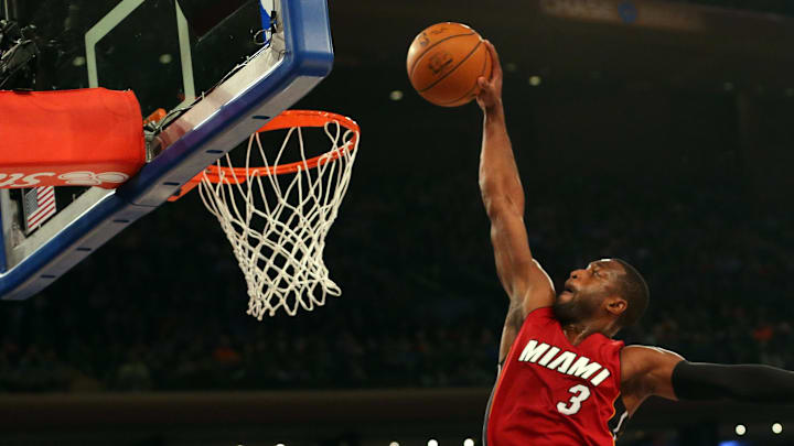 Nov 27, 2015; New York, NY, USA;  Miami Heat guard Dwyane Wade (3) dunks during the first quarter against the New York Knicks at Madison Square Garden. Mandatory Credit: Anthony Gruppuso-Imagn Images
