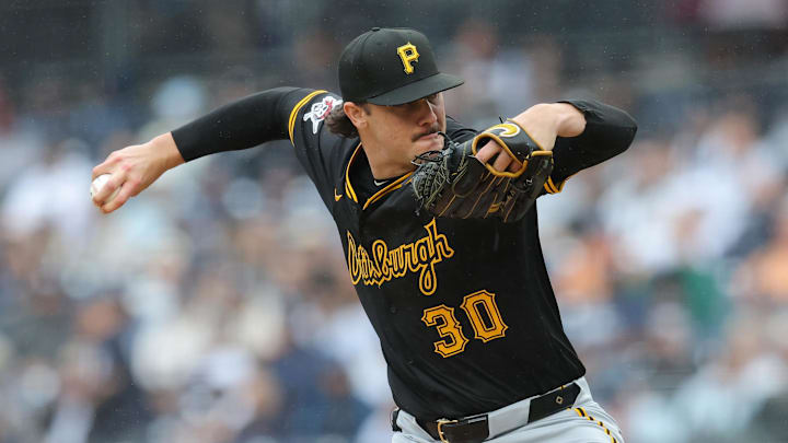 Sep 28, 2024; Bronx, New York, USA; Pittsburgh Pirates starting pitcher Paul Skenes (30) pitches against the New York Yankees during the first inning at Yankee Stadium. Mandatory Credit: Brad Penner-Imagn Images