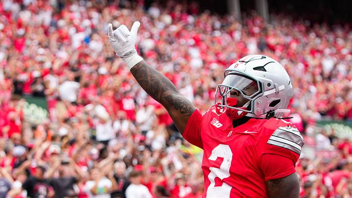 Ohio State Buckeyes running back Legend Bey (2) celebrates after scoring a touchdown in the second half of the NCAA football game at Ohio Stadium on Sept. 5, 2026 in Columbus, Ohio.