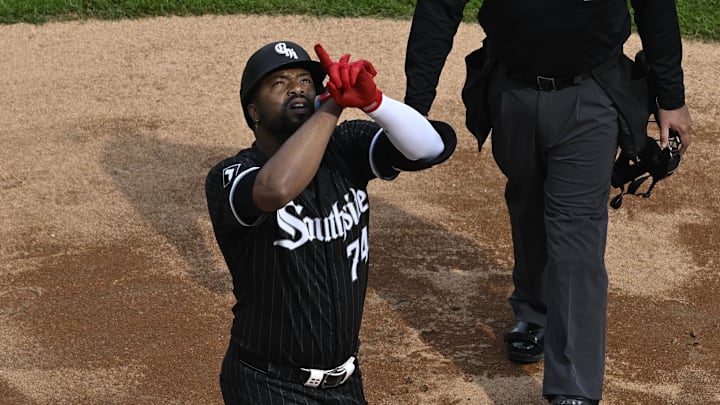 May 14, 2024; Chicago, Illinois, USA;  Chicago White Sox designated hitter Eloy Jimenez (74) points after he hits a home run against the Washington Nationals during the second inning at Guaranteed Rate Field. Mandatory Credit: Matt Marton-Imagn Images