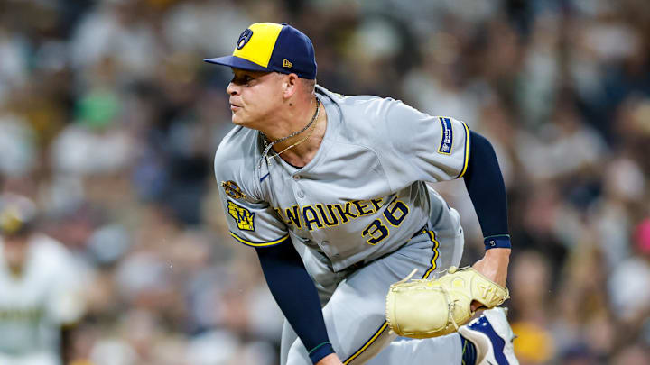 Sep 23, 2025; San Diego, California, USA; Milwaukee Brewers relief pitcher Tobias Myers (36) throws a pitch during the seventh inning against the San Diego Padres at Petco Park. Mandatory Credit: David Frerker-Imagn Images