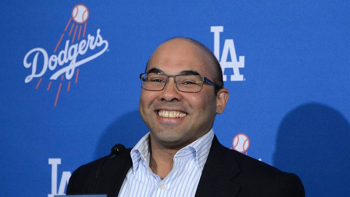 Los Angeles, CA, USA; Los Angeles Dodgers general manager Farhan Zaidi at press conference to announce Dave Roberts (not pictured) as the first minority manager in Dodgers franchise history at Dodger Stadium. Mandatory Credit: Kirby Lee-USA TODAY Sports