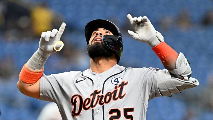 St. Petersburg, Florida, USA; Detroit Tigers second baseman Gleyber Torres (25) celebrates after hitting a solo home run in the first inning against the Tampa Bay Rays at Tropicana Field. Mandatory Credit: Jonathan Dyer-Imagn Images St. Petersburg, Florida, USA; Detroit Tigers second baseman Gleyber Torres (25) celebrates after hitting a solo home run in the first inning against the Tampa Bay Rays at Tropicana Field. Mandatory Credit: Jonathan Dyer-Imagn Images