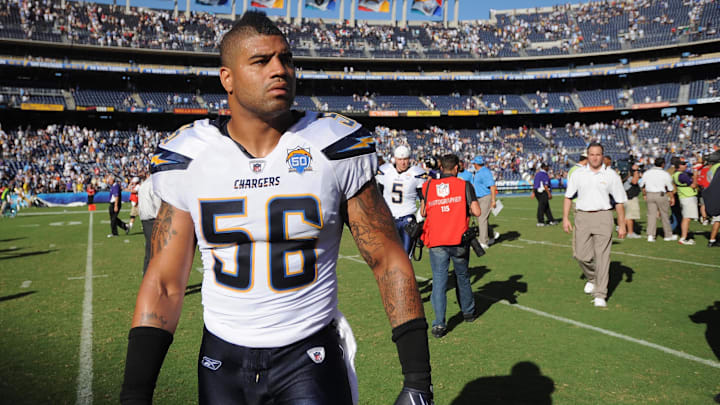 September 20, 2009; San Diego, CA, USA; San Diego Chargers outside linebacker Shawne Merriman (56) following a 31-26 loss to the Baltimore Ravens at Qualcomm Stadium.  Mandatory Credit: Christopher Hanewinckel-Imagn Images
