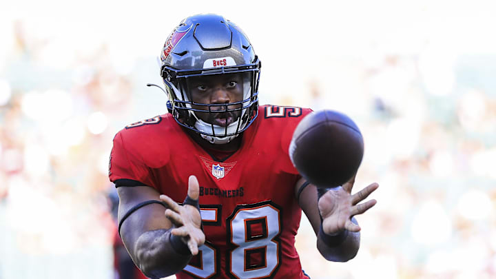 Aug 10, 2024; Cincinnati, Ohio, USA; Tampa Bay Buccaneers linebacker Markees Watts (58) catches a pass during warmups before the game against the Cincinnati Bengals at Paycor Stadium. Mandatory Credit: Katie Stratman-Imagn Images