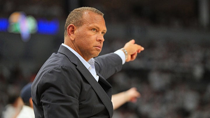 May 24, 2025; Minneapolis, Minnesota, USA; Minnesota Timberwolves co-owner Alex Rodriguez reacts against the Oklahoma City Thunder during the first half in game three of the western conference finals for the 2025 NBA Playoffs at Target Center. Mandatory Credit: Brad Rempel-Imagn Images