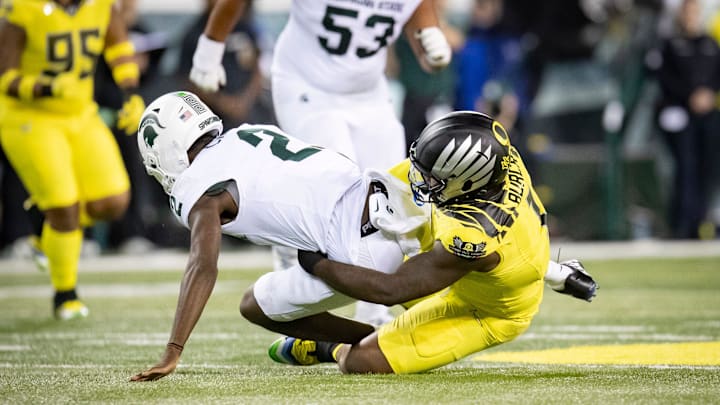 Oregon Ducks defensive end Jordan Burch sacks Michigan State Spartans quarterback Aidan Chiles as the Ducks host the Spartans Friday, Oct. 4, 2024 at Autzen Stadium in Eugene, Ore.