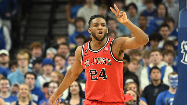 Jan 13, 2024; Omaha, Nebraska, USA;  St. John's basketball forward Zuby Ejiofor (24) gestures against the Creighton Bluejays in the first half at CHI Health Center Omaha. Mandatory Credit: Steven Branscombe-Imagn Images