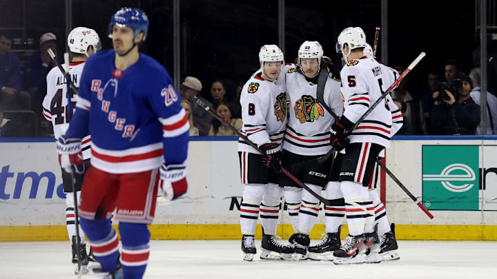Dec 9, 2024; New York, New York, USA; Chicago Blackhawks left wing Tyler Bertuzzi (59) celebrates his goal against the New York Rangers with teammates during the first period at Madison Square Garden. Mandatory Credit: Brad Penner-Imagn Images
