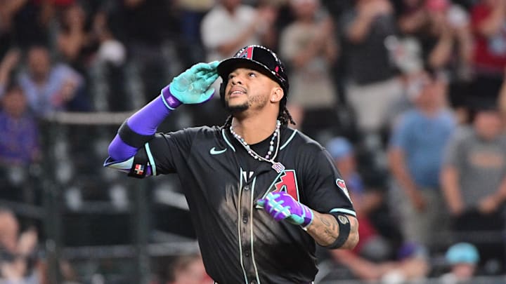 Jul 29, 2024; Phoenix, Arizona, USA;  Arizona Diamondbacks second baseman Ketel Marte (4) celebrates a home run in the eighth inning against the Washington Nationals at Chase Field. Mandatory Credit: Matt Kartozian-Imagn Images