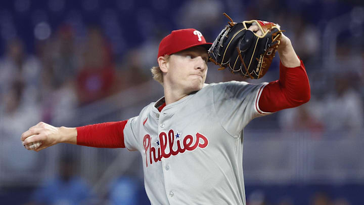 Sep 8, 2024; Miami, Florida, USA;  Philadelphia Phillies starting pitcher Seth Johnson (51) delivers a pitch against the Miami Marlins in the first inning at loanDepot Park. 