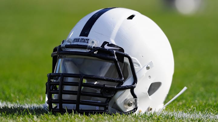 Nov 16, 2013; University Park, PA, USA; General view of a Penn State Nittany Lions helmet prior to the game against the Purdue Boilermakers at Beaver Stadium.  Mandatory Credit: Rich Barnes-Imagn Images