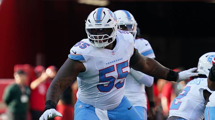 Aug 13, 2026; Santa Clara, California, USA;  Tennessee Titans offensive tackle JC Latham (55) blocks against the San Francisco 49ers in the first quarter at Levi's Stadium. Mandatory Credit: David Gonzales-Imagn Images