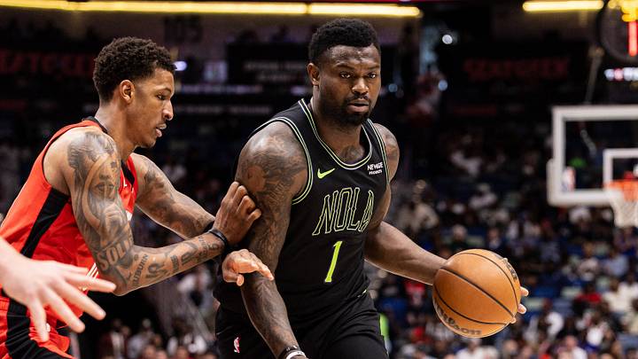 Mar 29, 2026; New Orleans, Louisiana, USA; New Orleans Pelicans forward Zion Williamson (1) dribbles against Houston Rockets forward Jabari Smith Jr. (10) during the first half at Smoothie King Center. Mandatory Credit: Stephen Lew-Imagn Images Mar 29, 2026; New Orleans, Louisiana, USA; New Orleans Pelicans forward Zion Williamson (1) dribbles against Houston Rockets forward Jabari Smith Jr. (10) during the first half at Smoothie King Center. Mandatory Credit: Stephen Lew-Imagn Images