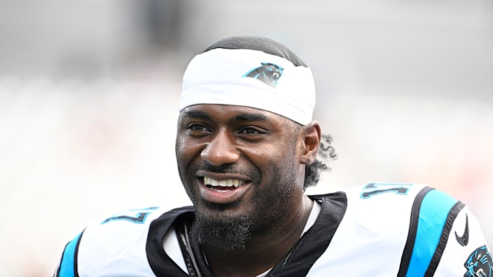 Oct 5, 2025; Charlotte, North Carolina, USA; Carolina Panthers wide receiver Xavier Legette (17) on the field before the gsme at Bank of America Stadium. Oct 5, 2025; Charlotte, North Carolina, USA; Carolina Panthers wide receiver Xavier Legette (17) on the field before the gsme at Bank of America Stadium.