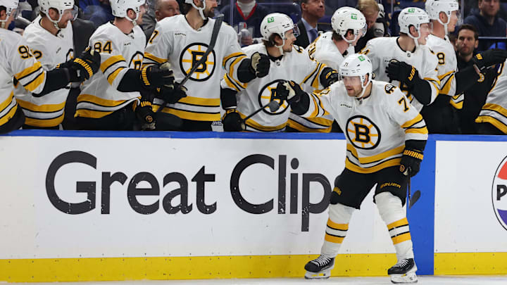 Apr 21, 2026; Buffalo, New York, USA; Boston Bruins left wing Viktor Arvidsson (71) celebrates his goal with teammates during the second period against the Buffalo Sabres in game two of the first round of the 2026 Stanley Cup Playoffs at KeyBank Center. Mandatory Credit: Timothy T. Ludwig-Imagn Images