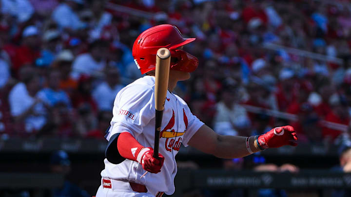 Mar 26, 2026; St. Louis, Missouri, USA; St. Louis Cardinals second baseman JJ Wetherholt (26) hits a solo home run for his first major league hit during his major league debut in the third inning against the Tampa Bay Rays at Busch Stadium. Mandatory Credit: Jeff Curry-Imagn Images