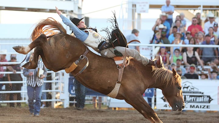 Jayco Roper from Oktaha, Okla, rides 514 Satin Doll in the bareback riding event Wednesday night, July 20, 2022, at the Pretty Prairie Rodeo.

Hut Pp Rodeo Gallery 34