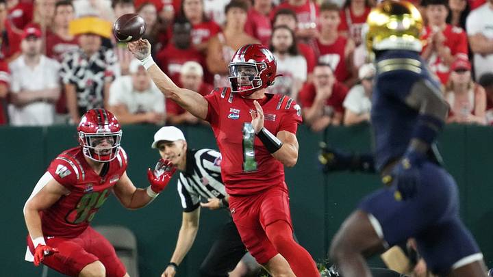 University of Wisconsin quarterback Colton Joseph (1) passes the ball during a football game against the University of Notre Dame on Sept. 6, 2026, at Lambeau Field in Green Bay, Wis. Notre Dame defeated Wisconsin 41-13.