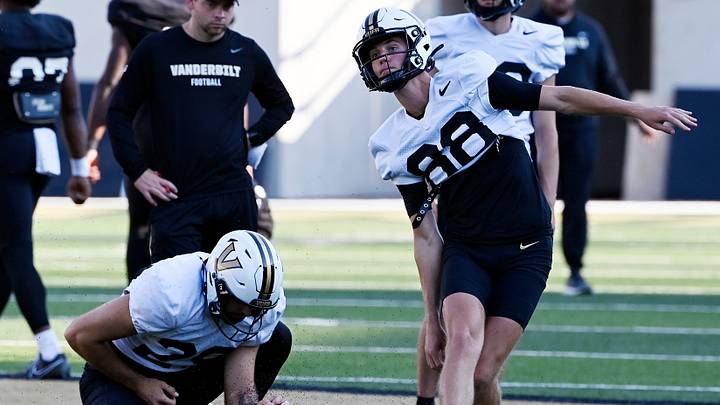 Vanderbilt kicker Brock Taylor (88) watches after kicking a field goal before an NCAA college football scrimmage Saturday, Aug. 10, 2024, in Nashville, Tenn. Vanderbilt kicker Brock Taylor (88) watches after kicking a field goal before an NCAA college football scrimmage Saturday, Aug. 10, 2024, in Nashville, Tenn.