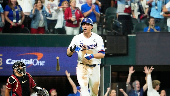 Oct 27, 2023; Arlington, Texas, USA; Texas Rangers Corey Seager (5) hits a two-run home run off