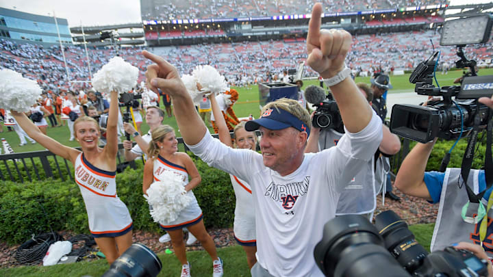Auburn Tigers head coach Hugh Freeze thanks the fans after defeating UMass at Jordan-Hare Stadium on