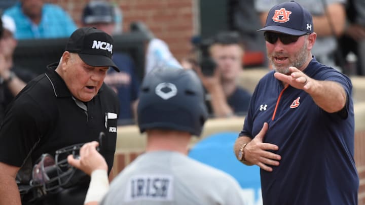 Auburn Tigers head coach Butch Thompson questions a call against Coastal Carolina during game two of the NCAA Baseball Super Regonal at Plainsman Park in Auburn, Ala., on Friday June 6, 2025.
