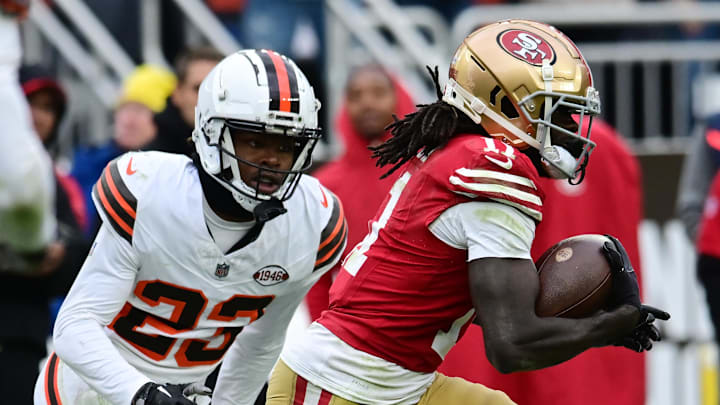 Oct 15, 2023; Cleveland, Ohio, USA; San Francisco 49ers wide receiver Brandon Aiyuk (11) runs with