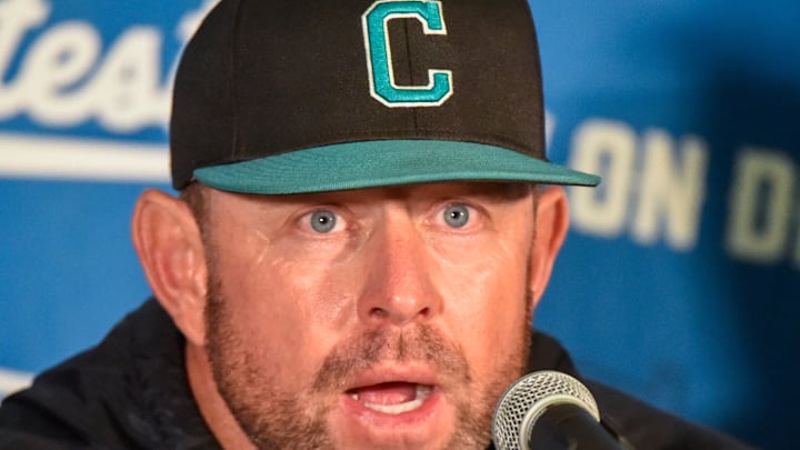 Coastal Carolina coach Kevin Schnall talks about the game after defeating Auburn in NCAA Baseball Super Regonal action at Plainsman Park on the Auburn University campus in Auburn, Ala., on Friday June 6, 2025.