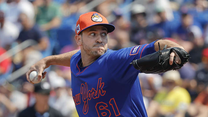Mar 13, 2025; Port St. Lucie, Florida, USA; New York Mets pitcher  Connor Overton (61) throws a pitch during fourth inning against the Boston Red Sox at Clover Park. Mandatory Credit: Reinhold Matay-Imagn Images