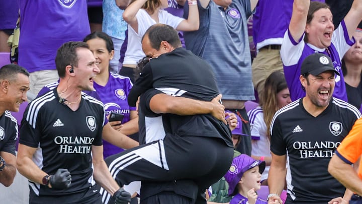 Oct 9, 2022; Orlando, Florida, USA; Orlando City head coach Oscar Pareja celebrates the win against Columbus