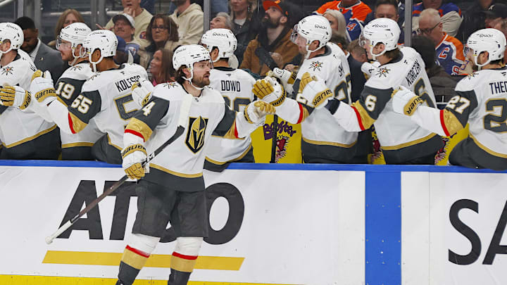 Apr 4, 2026; Edmonton, Alberta, CAN; The Vegas Golden Knights celebrate a goal by defenseman Rasmus Anderson (4) during the third period against the Edmonton Oilers at Rogers Place. Mandatory Credit: Perry Nelson-Imagn Images