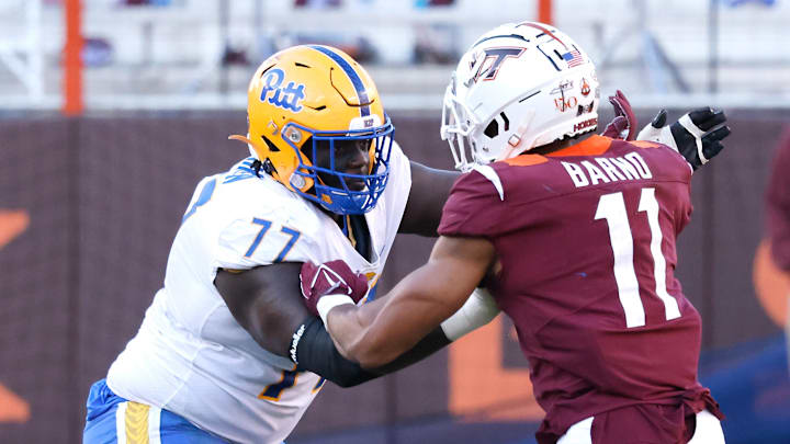 Oct 16, 2021; Blacksburg, Virginia, USA;  Pittsburgh Panthers offensive lineman Carter Warren (77)