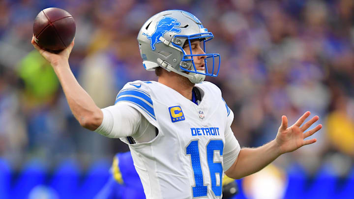 Dec 14, 2025; Inglewood, California, USA; Detroit Lions quarterback Jared Goff (16) throws a pass during the second quarter against the Los Angeles Rams at SoFi Stadium. Mandatory Credit: Gary A. Vasquez-Imagn Images