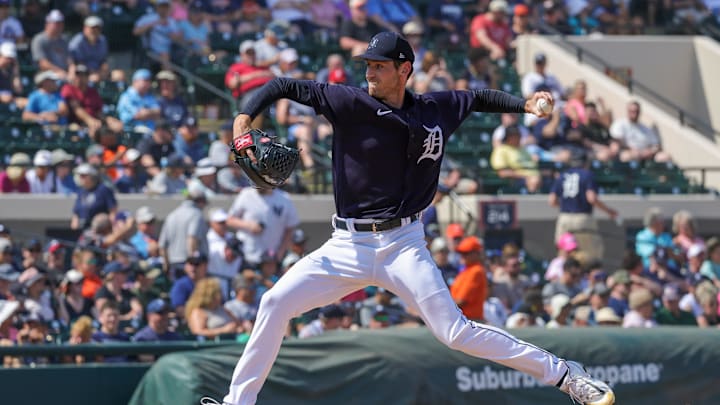 Mar 10, 2023; Lakeland, Florida, USA; Detroit Tigers starting pitcher Joey Wentz (43) pitches during a Spring Training contest.