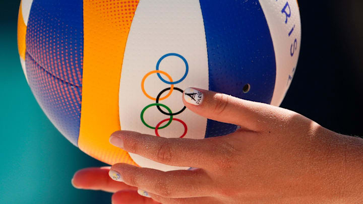 The Netherlands prepares to serve to Spain in beach volleyball during round 16 during the Paris 2024 Olympic Summer Games at Eiffel Tower Stadium on Aug. 5, 2024.