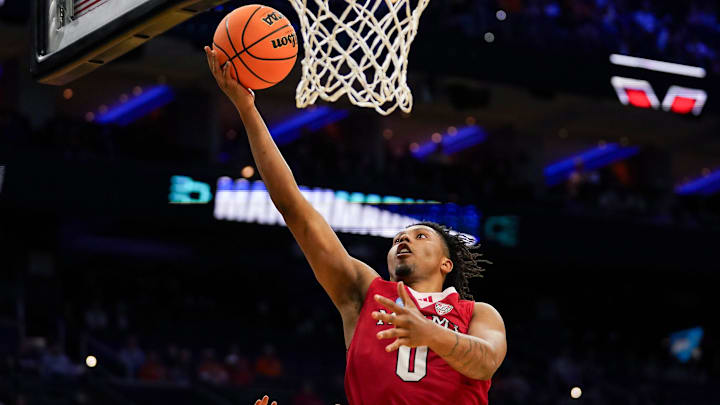 Miami (OH) RedHawks wing Eian Elmer (0) hits a layup in the second half of the NCAA Tournament First Round game between the Miami Redhawks and Tennessee Volunteers, Friday, March 20, 2026, at Xfinity Mobile Arena in Philadelphia, PA. RedHawks were defeated by the Volunteers 78-56.