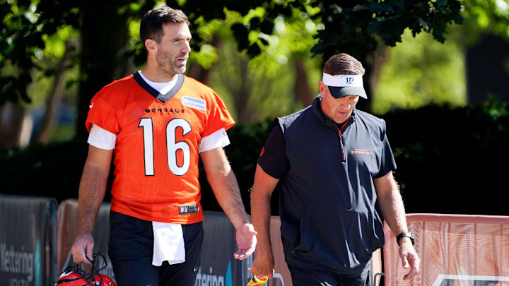 Cincinnati Bengals quarterback Joe Flacco (16) walks out of Paycor Stadium to the practice fields, Wednesday, Oct. 8, 2025, in downtown Cincinnati.