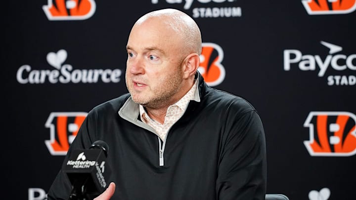 Cincinnati Bengals Director of Player Personnel Duke Tobin addresses the media during a press conference, Friday, Jan. 9, 2026, at Paycor Stadium in downtown Cincinnati.