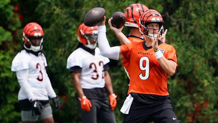 Cincinnati Bengals quarterback Joe Burrow (9) throws a pass during minicamp, Tuesday, June 16, 2026, at Kettering Health Practice Fields in downtown Cincinnati.