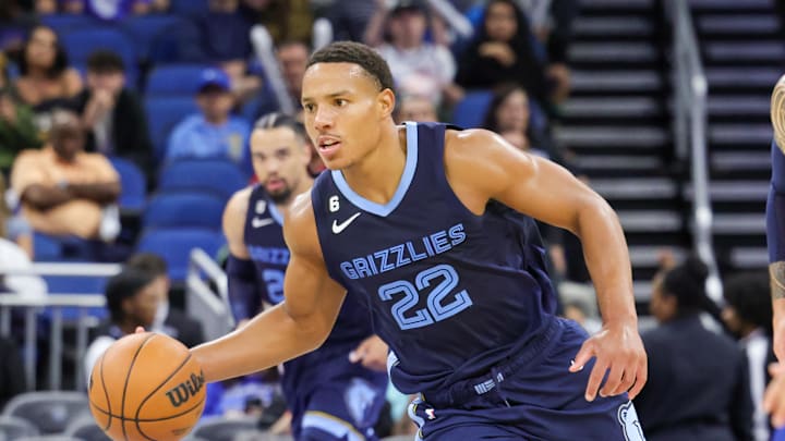 Oct 11, 2022; Orlando, Florida, USA; Memphis Grizzlies guard Desmond Bane (22) brings the ball up court during the second half against the Orlando Magic at Amway Center. Mandatory Credit: Mike Watters-Imagn Images
