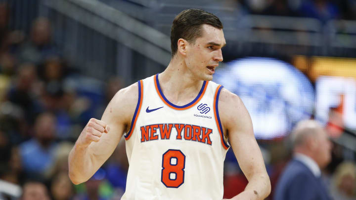Apr 3, 2019; Orlando, FL, USA; New York Knicks forward Mario Hezonja (8) fist pumps after a three point basket against the Orlando Magic during the second half at Amway Center. Mandatory Credit: Reinhold Matay-USA TODAY Sports