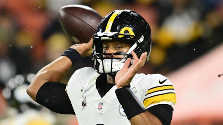 Nov 21, 2024; Cleveland, Ohio, USA; Pittsburgh Steelers quarterback Russell Wilson (3) warms up before the game between the Cleveland Browns and the Steelers at Huntington Bank Field. Mandatory Credit: Ken Blaze-Imagn Images