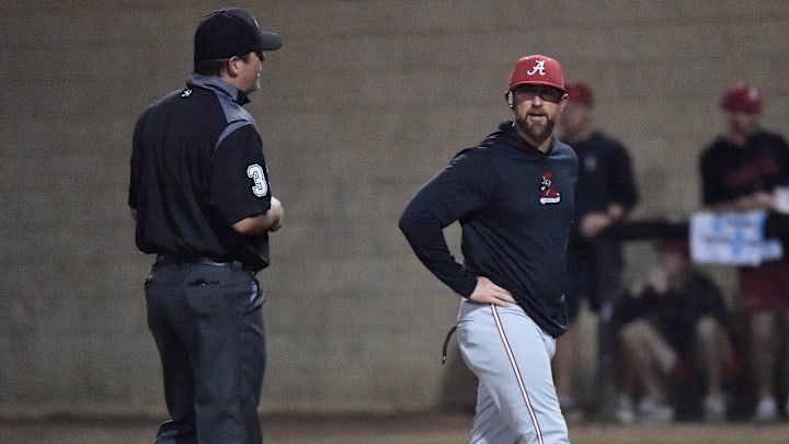 University of Alabama head coach Rob Vaughn works the umpire against Alabama State during their game on the ASU campus in Montgomery, Ala., on Wednesday March 4, 2026. University of Alabama head coach Rob Vaughn works the umpire against Alabama State during their game on the ASU campus in Montgomery, Ala., on Wednesday March 4, 2026.
