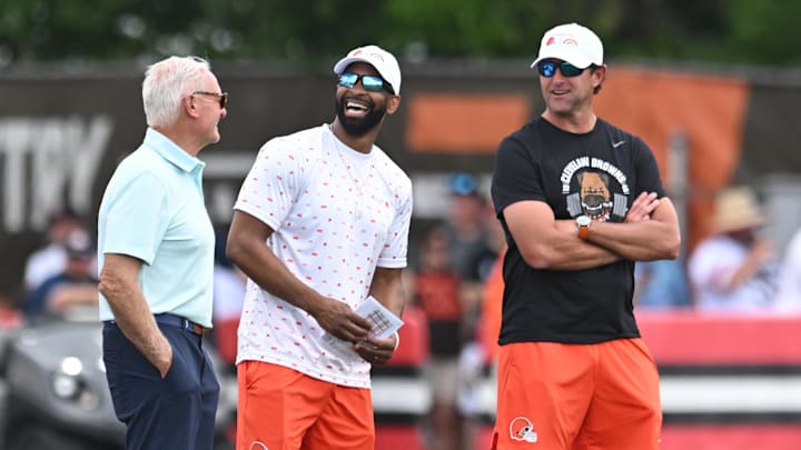 Jul 28, 2025; Berea, OH, USA; Cleveland Browns managing and principal partner Jimmy Haslam, left,  and executive vice president, football operations & general manager Andrew Berry, middle, and executive vice president, partner JW Johnson watch during training camp at CrossCountry Mortgage Campus. Mandatory Credit: Ken Blaze-Imagn Images